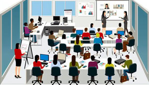 customer service training in a classroom, use only a few white people, put them into an office environment