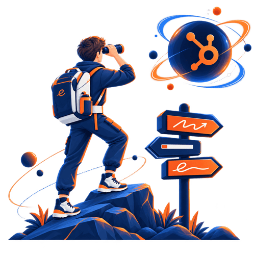 Túrázó távcsővel a HubSpot szimbóluma felé néz. Túrázó távcsővel a HubSpot szimbóluma felé néz.